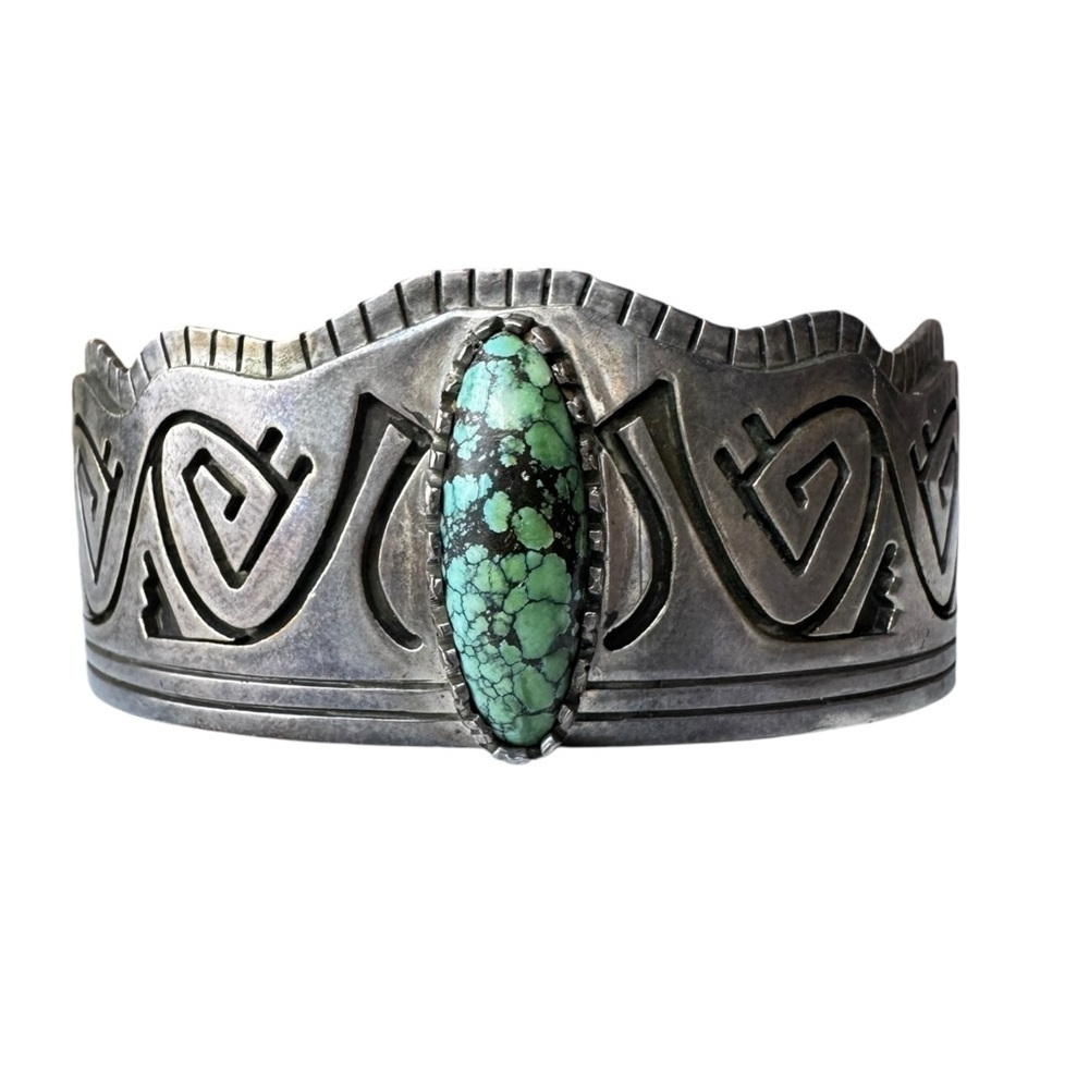 Vintage JB Sterling Silver Cuff Bracelet - Native American Design with Turquoise